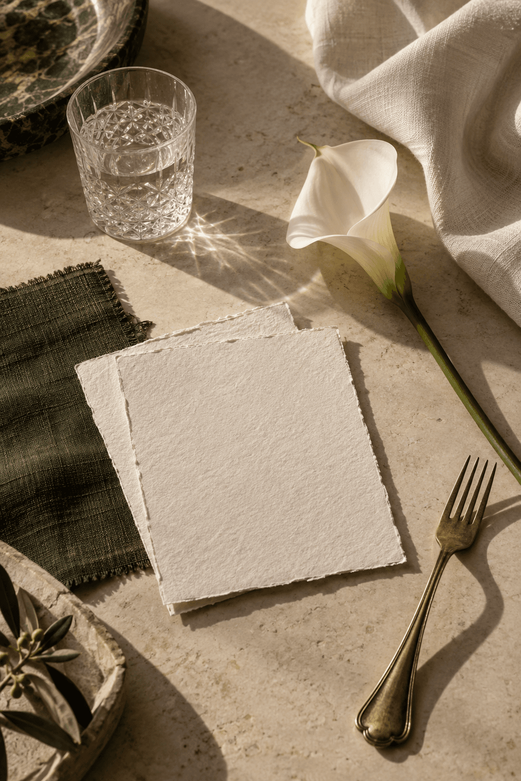 An editorial study of ivory stationery, olive linen, a calla lily, and crystal
