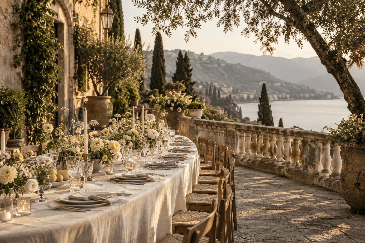 An intimate candlelit dinner setting on a sunlit lakeside terrace